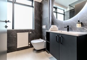 Douche, sèche-cheveux, serviettes fournies, shampoing