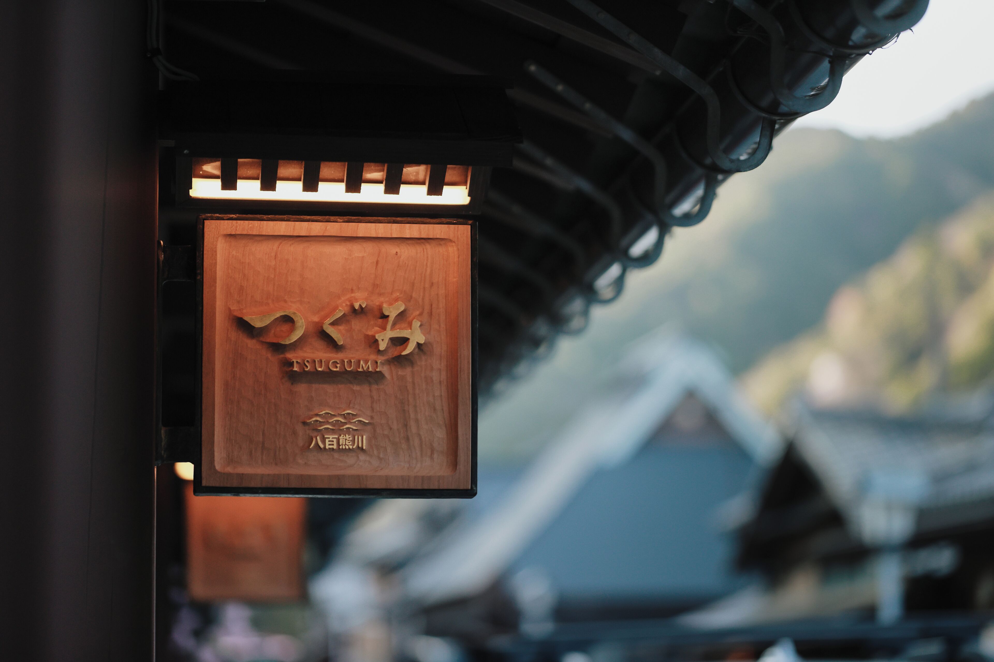 A wooden sign with Japanese characters, mounted on a building with a traditional roof.