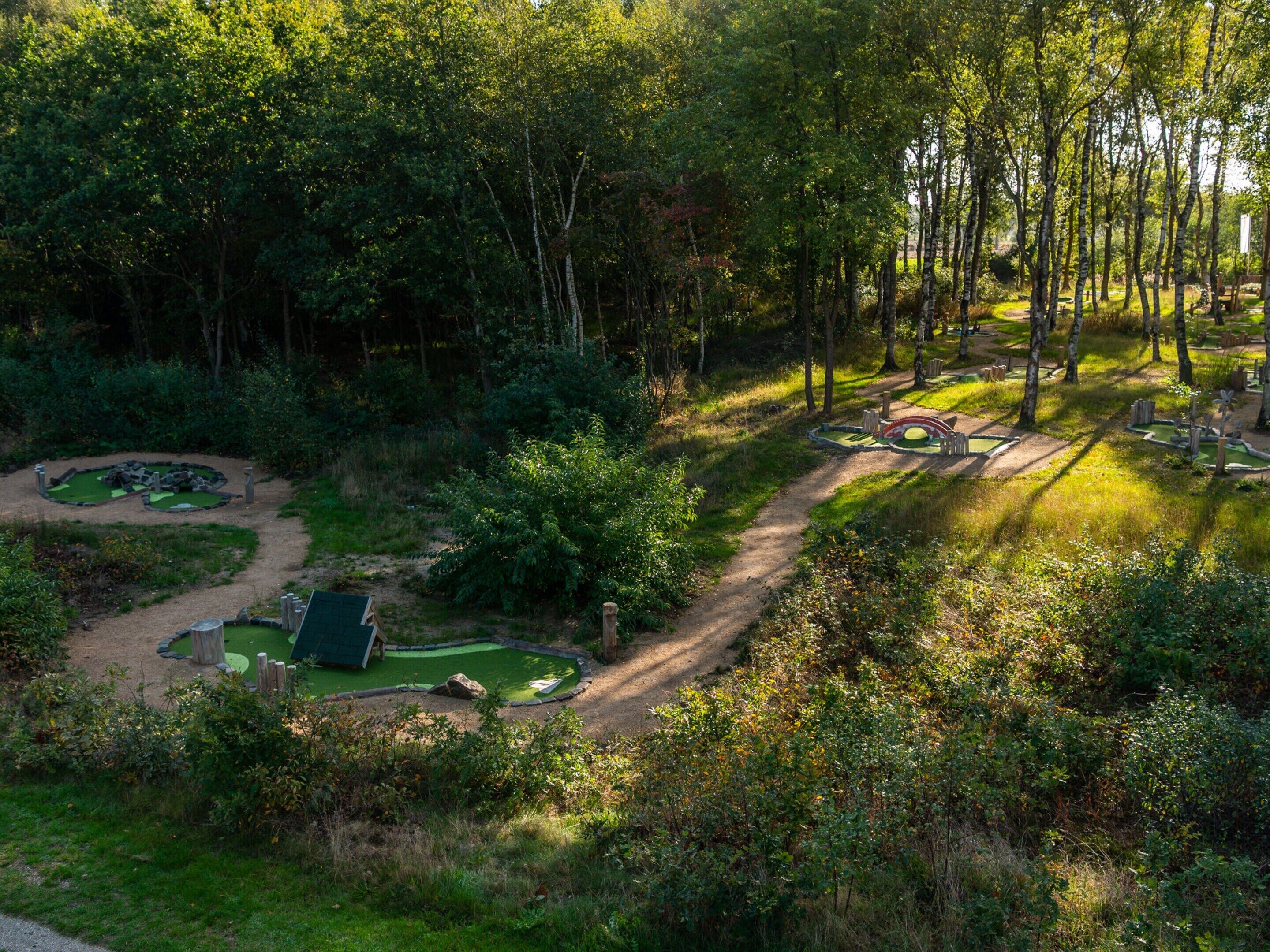 A golf course with a dirt path, green areas, and trees.
