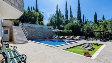 Seasonal outdoor pool, pool umbrellas, pool loungers