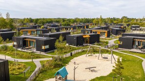 Een moderne woonwijk met compacte, donkergekleurde huizen in een rijtje, met grote ramen en buiten zitplekken.