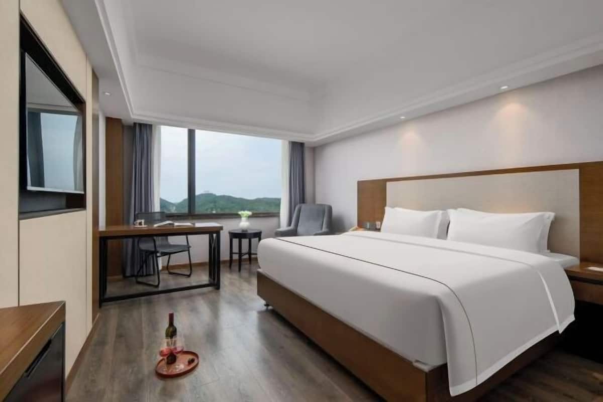 Une chambre d’hôtel avec un grand lit, un bureau, une chaise, une télévision et une vue sur l’extérieur.