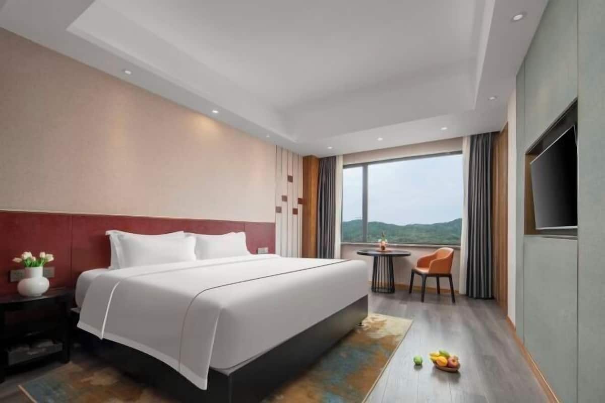 Une chambre d’hôtel moderne avec un grand lit, une petite table avec des chaises, une télévision et une vue sur l’extérieur.