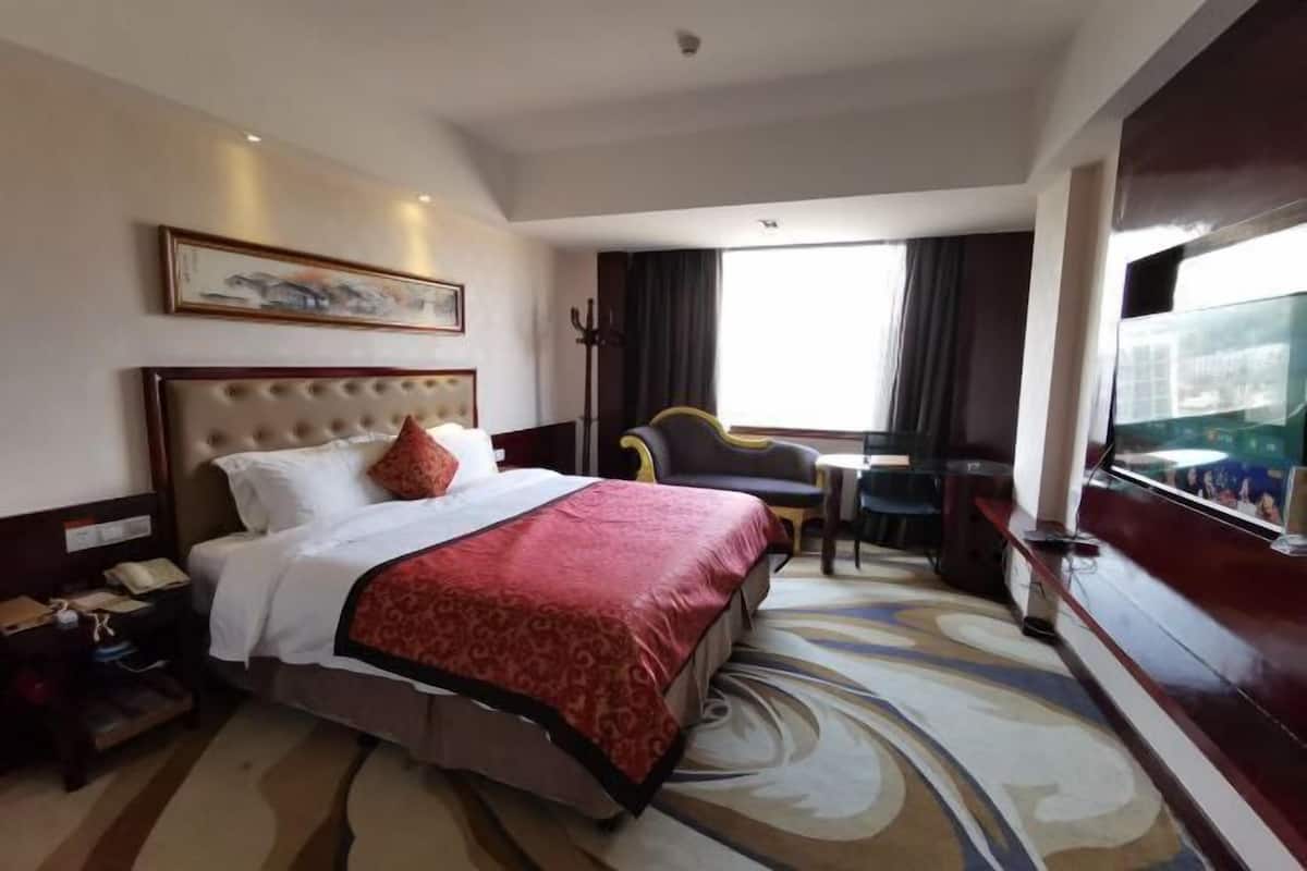 Une chambre d’hôtel avec un grand lit, un canapé, une petite table, une télévision et une fenêtre avec des rideaux.