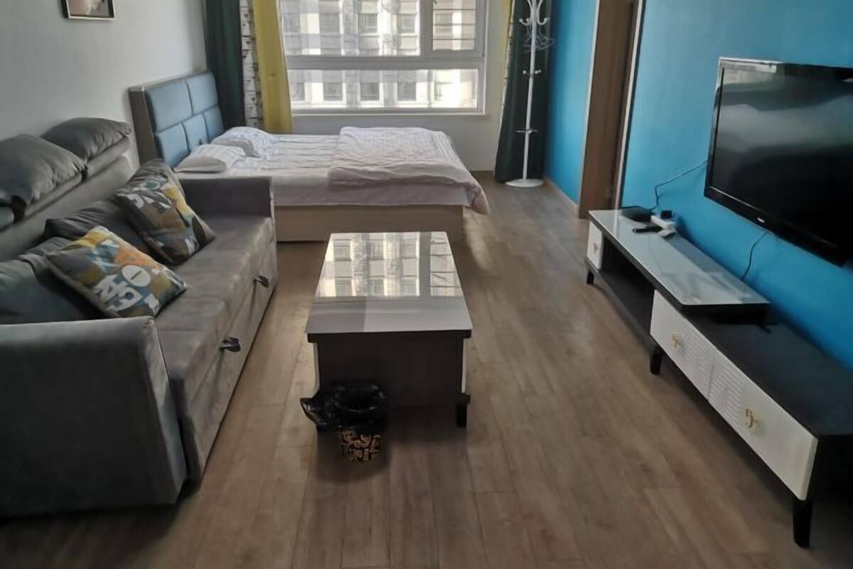 Una sala de estar moderna con sofá, cama, mesa de centro y televisor.