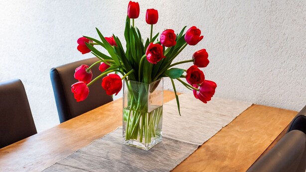 A clear glass vase with red tulips on a wooden table. - Apartment in Sankt Gallenkirch Near Ski Slopes (Sankt Gallenkirch)