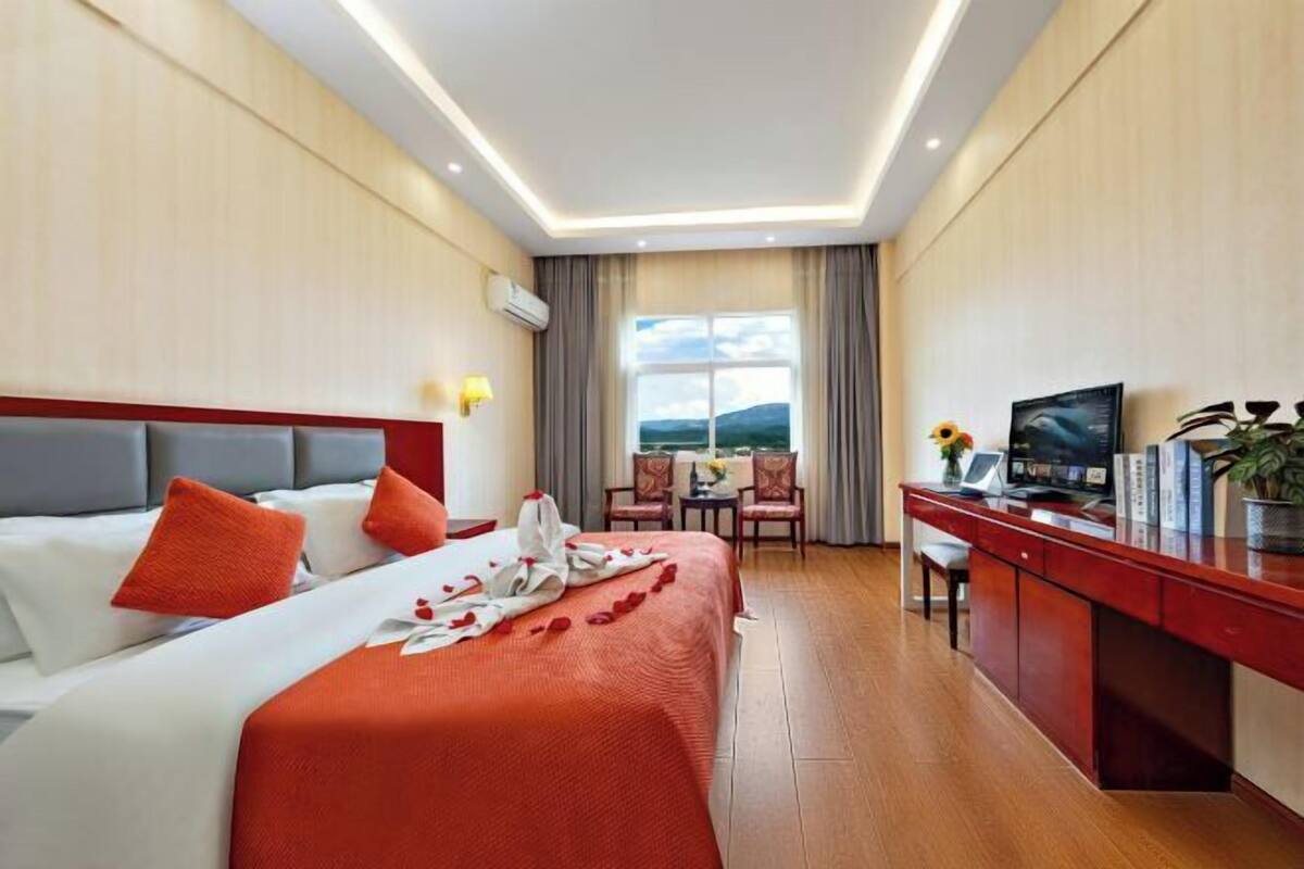 A hotel room with a bed, a desk, a television, and a view of the outdoors.