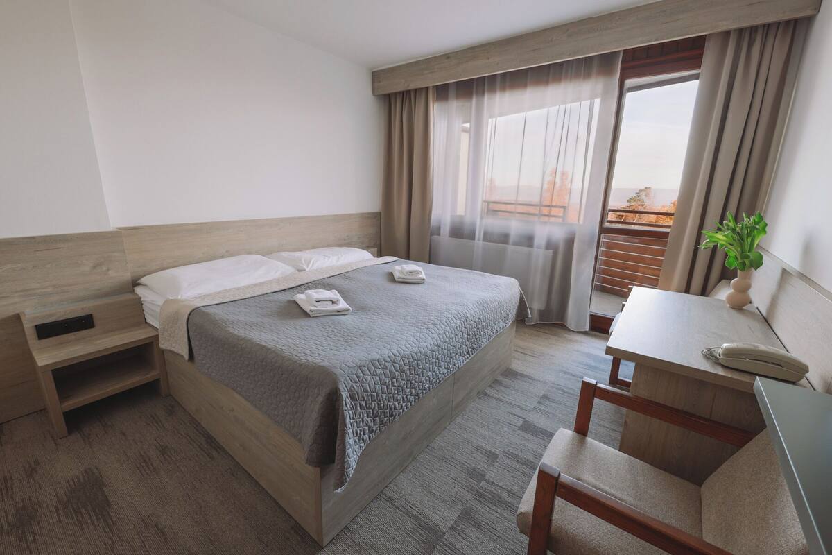 Quarto de hotel com cama, secretária, cadeira, planta e janela com cortinas.