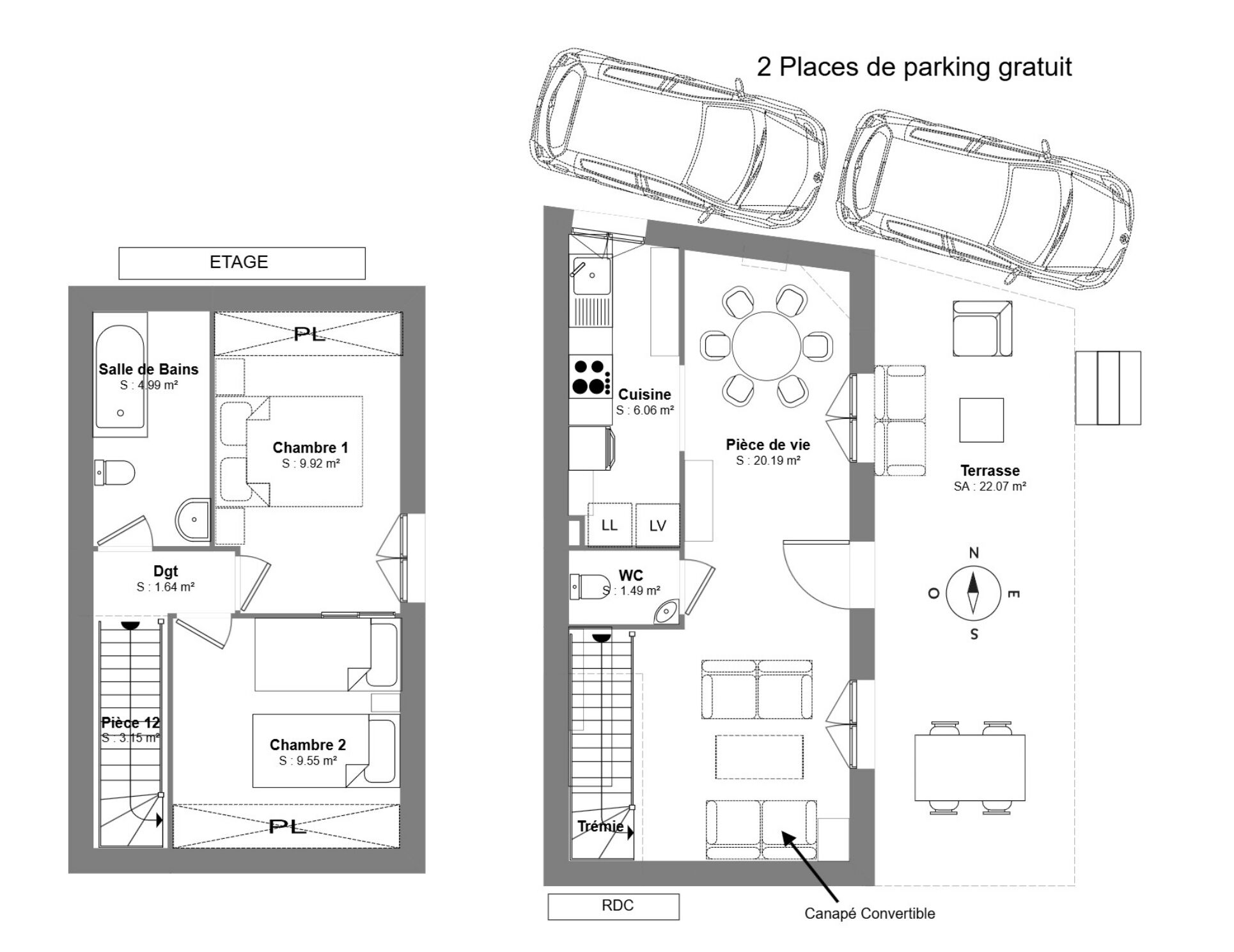 Un plan d’étage d’hôtel comprenant deux chambres, une salle de bain, une cuisine, un salon et une terrasse.