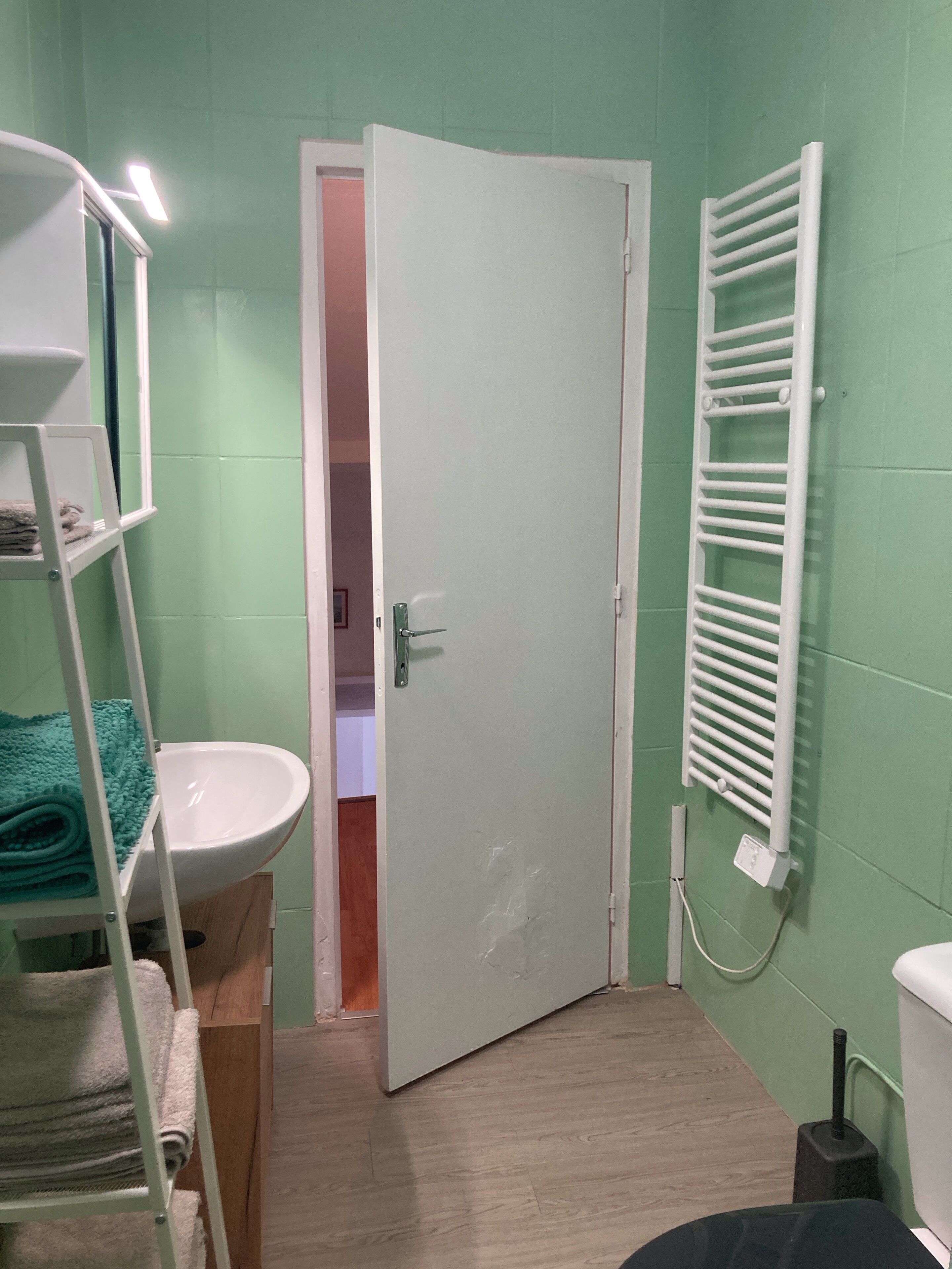 Een badkamer met een wit wastafel, een handdoekhouder, een handdoek, een witte deur en een witte radiator.