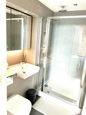 Ein modernes Badezimmer mit einer Glaskabine zur Dusche, einem Waschbecken mit Spiegel darüber und einer Toilette.