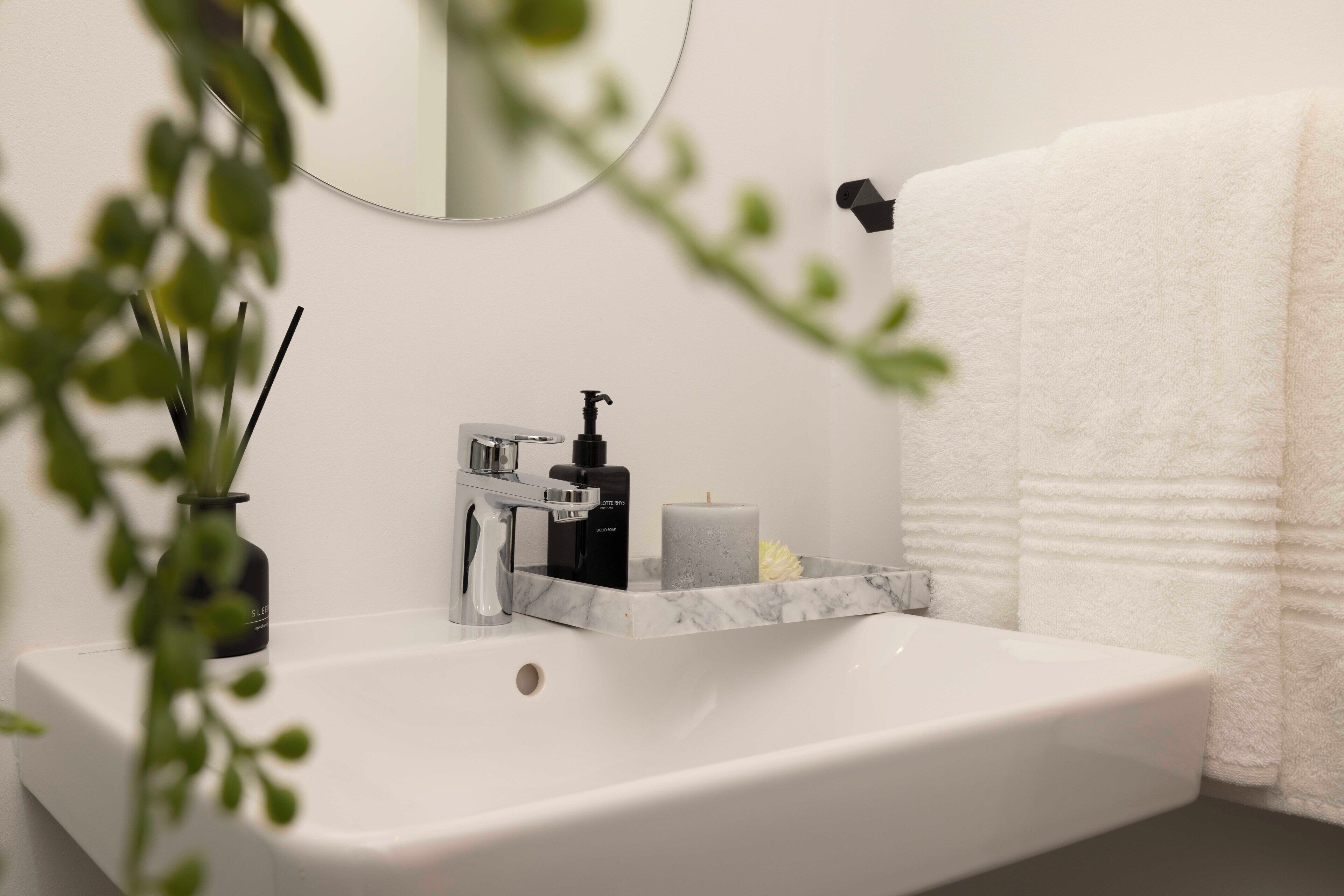 A bathroom with a white sink, a mirror, a towel, and a plant.