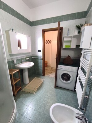 Een douche, een haardroger, een bidet, zeep