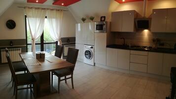 Fridge, microwave, stovetop, electric kettle