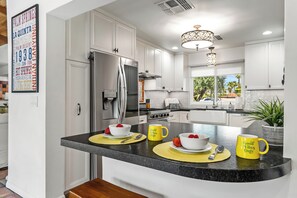 Fridge, microwave, oven, stovetop - Good Vibes Only – Historic Spanish Hacienda with Pool, Spa, Fire Pit & Mountain Views (Palm Springs)