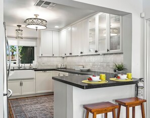 Fridge, microwave, oven, stovetop - Good Vibes Only – Historic Spanish Hacienda with Pool, Spa, Fire Pit & Mountain Views (Palm Springs)