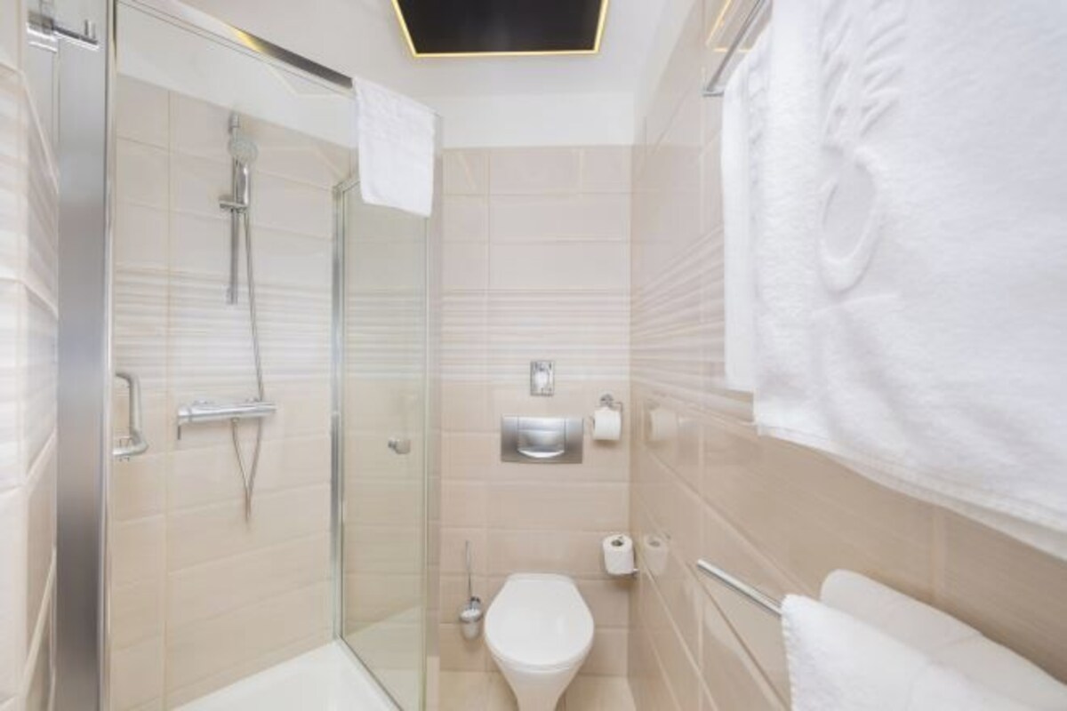 A modern bathroom with a glass-enclosed shower, a toilet, and a towel rack.