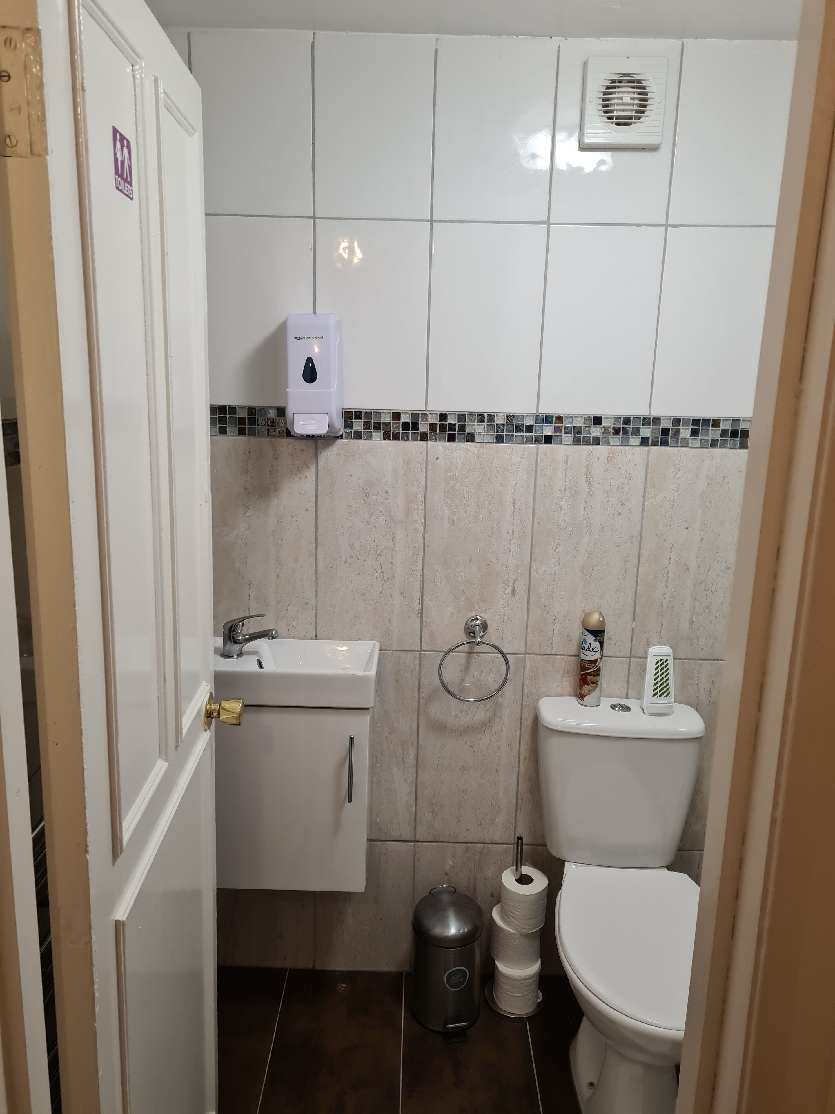 A bathroom with a toilet, sink, and hand dryer.