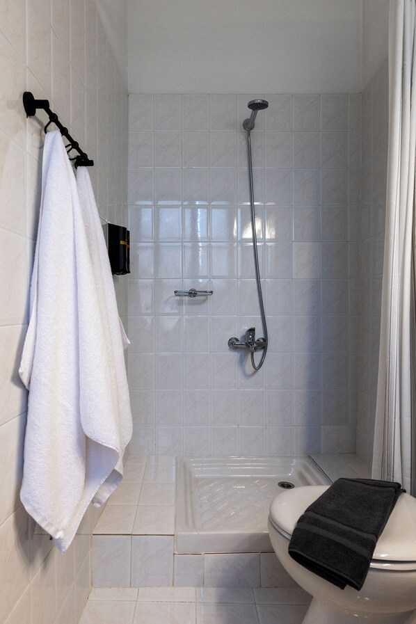 Une petite salle de bain moderne équipée d’une douche, de toilettes et d’un porte-serviettes.