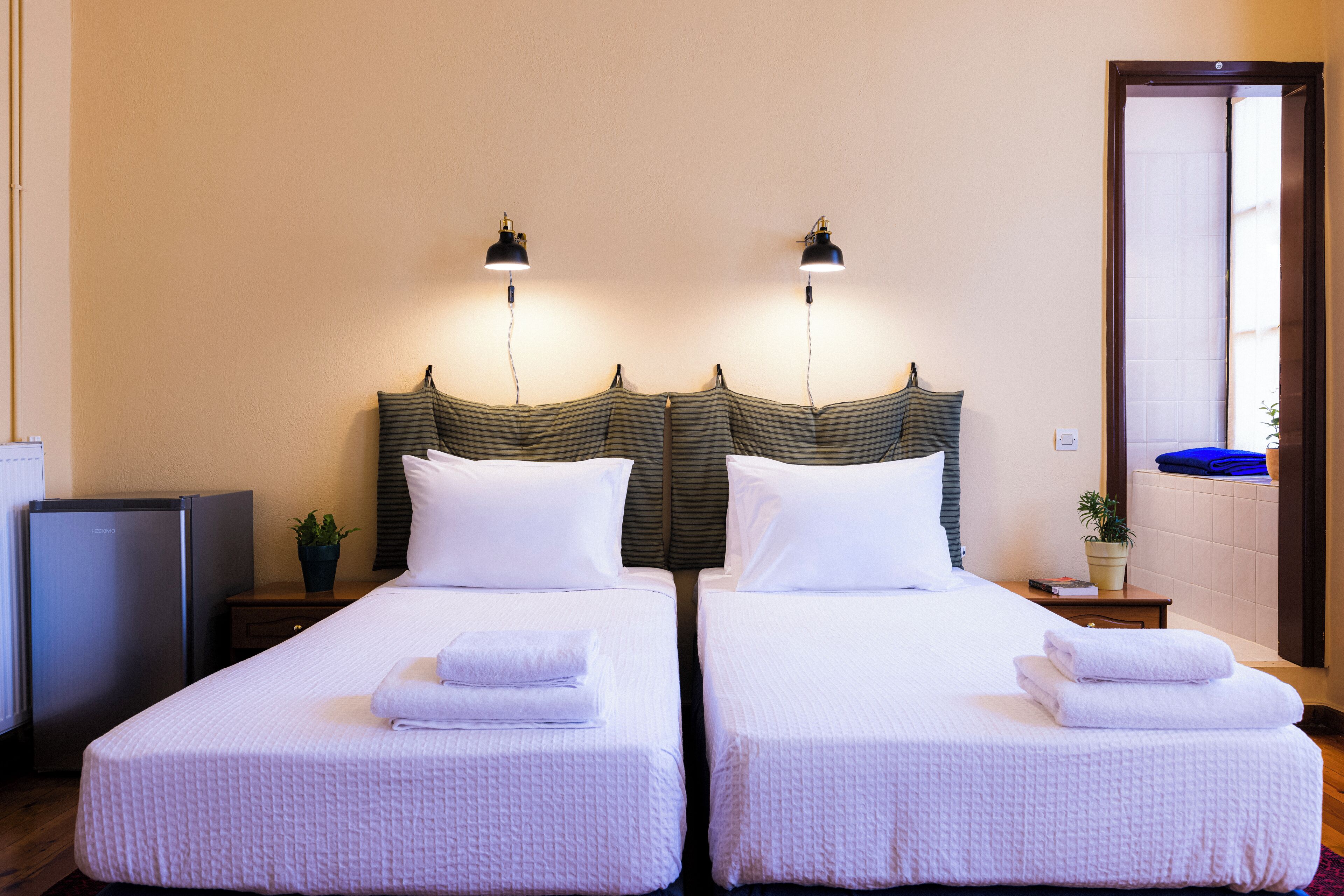 A double room with two beds, each with a pillow and a folded towel. There are bedside tables with lamps and a potted plant.