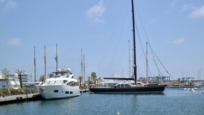 Un puerto deportivo con varios veleros amarrados.