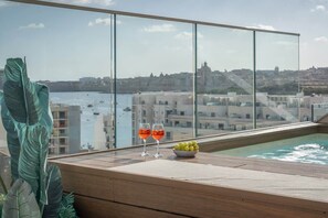 A rooftop pool with a clear view of the cityscape and harbor.