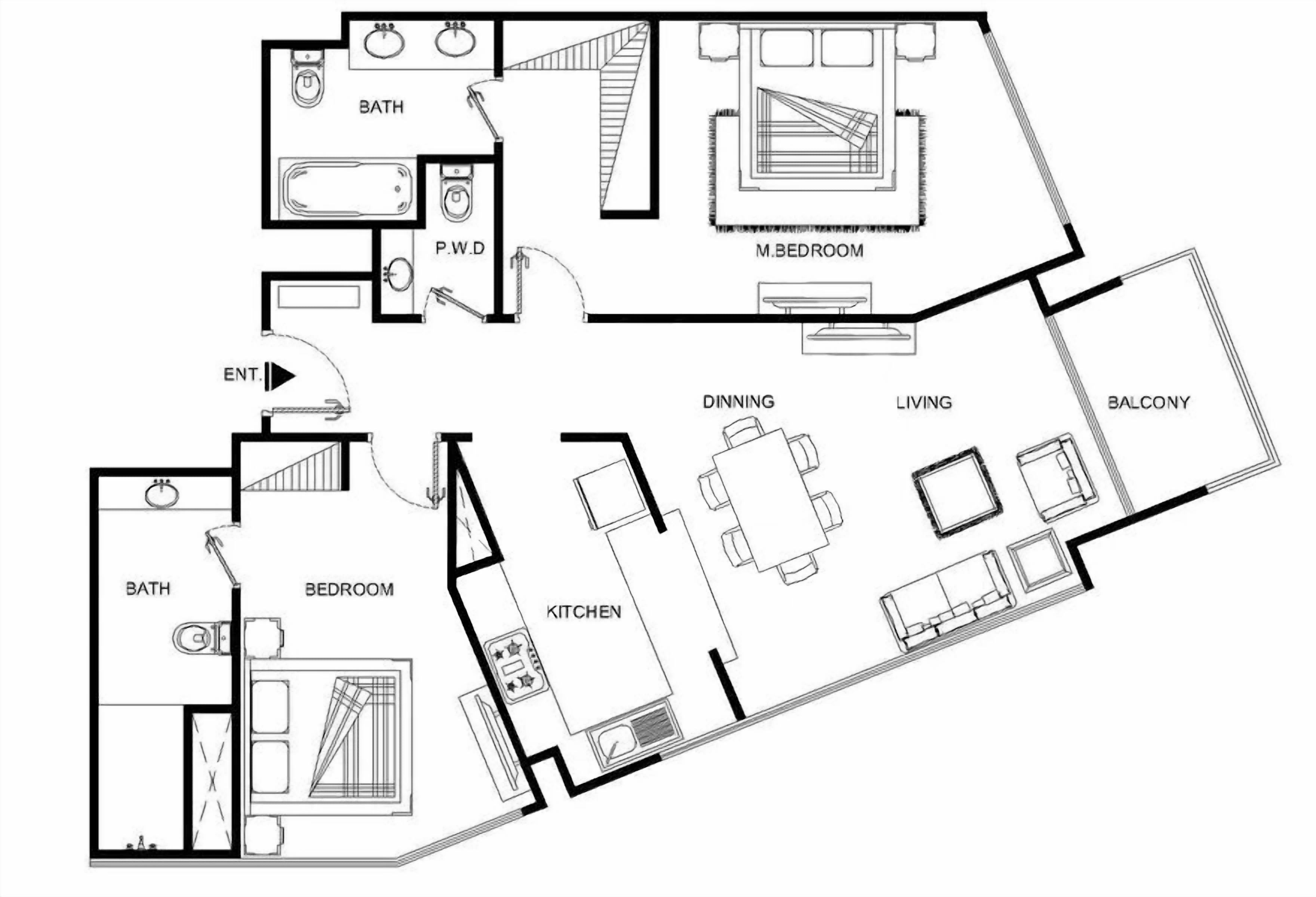 A floor plan of a hotel with a bedroom, bathroom, kitchen, dining area, living room, and balcony.