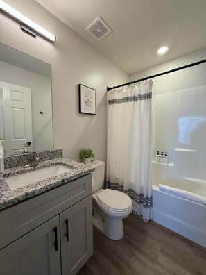 Shower, hair dryer, towels, shampoo - Modern Townhome with Patio Near Trails & Attractions (Omaha)