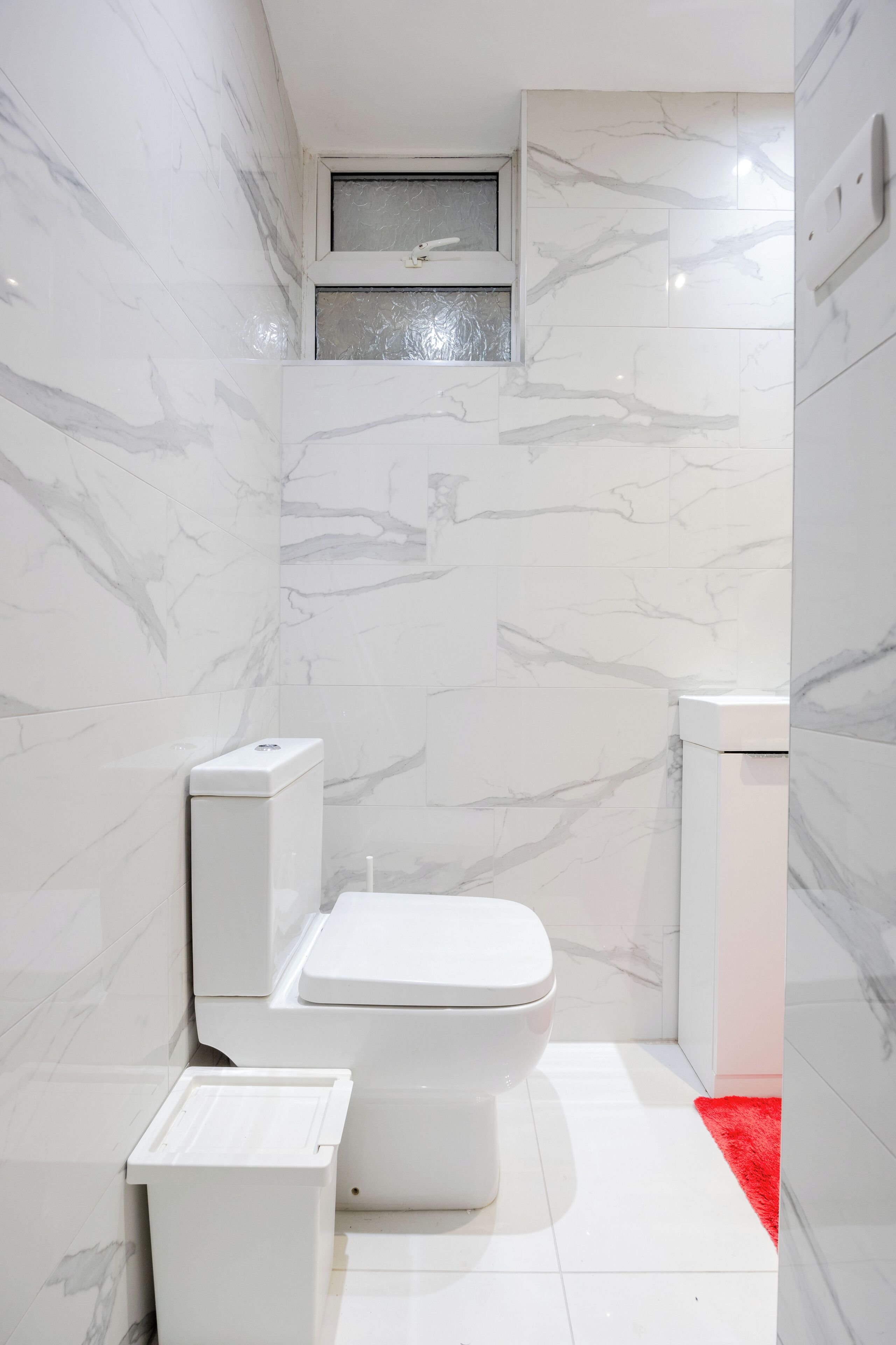 A bathroom with a toilet, a trash bin, and a red rug.