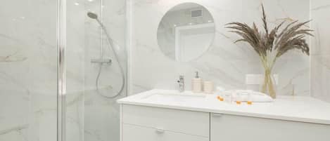 Shower, hair dryer, towels, shampoo