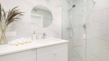 Shower, hair dryer, towels, shampoo