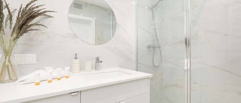 Shower, hair dryer, towels, shampoo