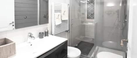 Hair dryer, bidet, towels, soap