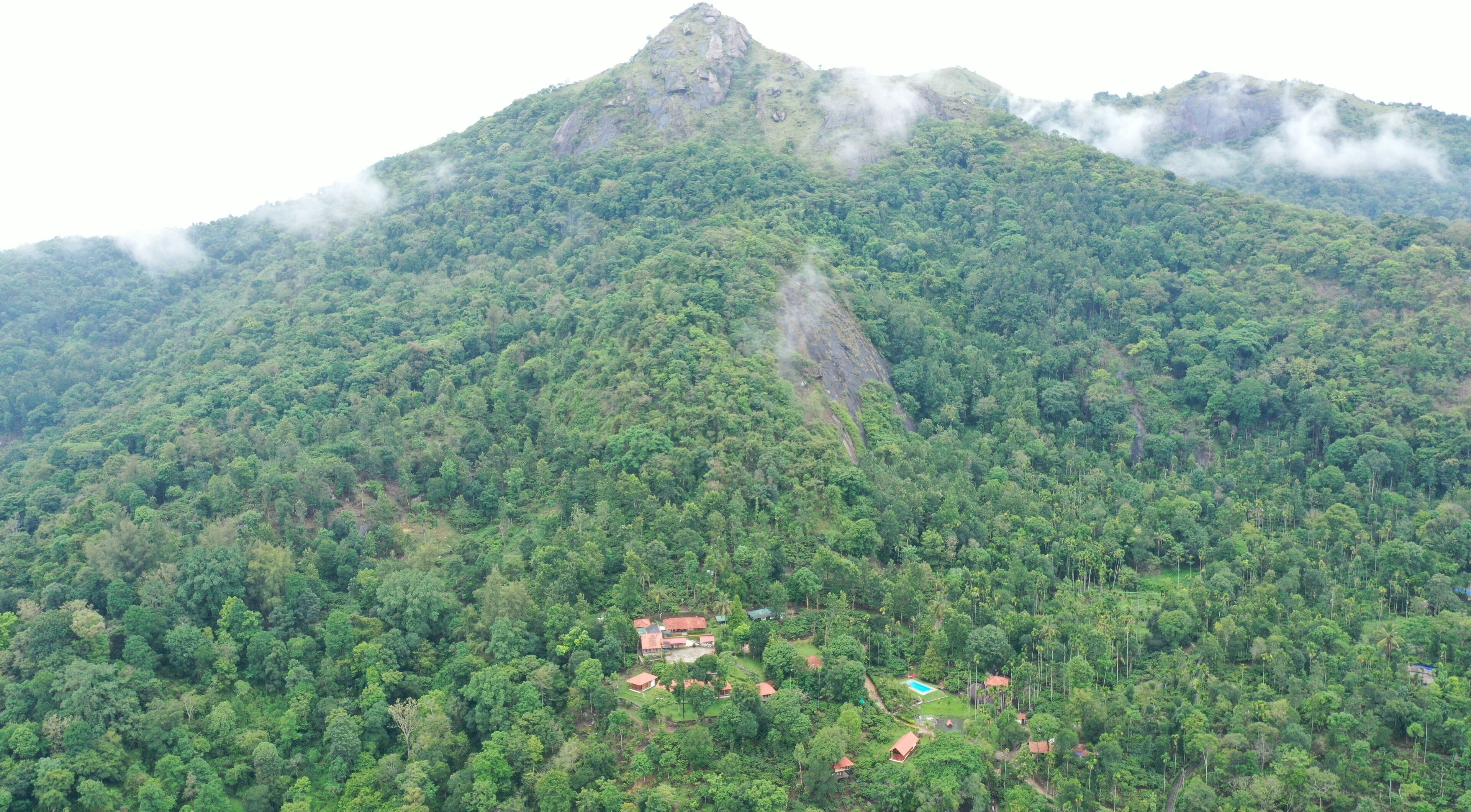 A mountainous landscape with dense forest and a small cluster of buildings at the base.