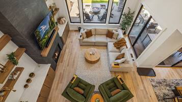 Smart TV, fireplace, foosball, table tennis