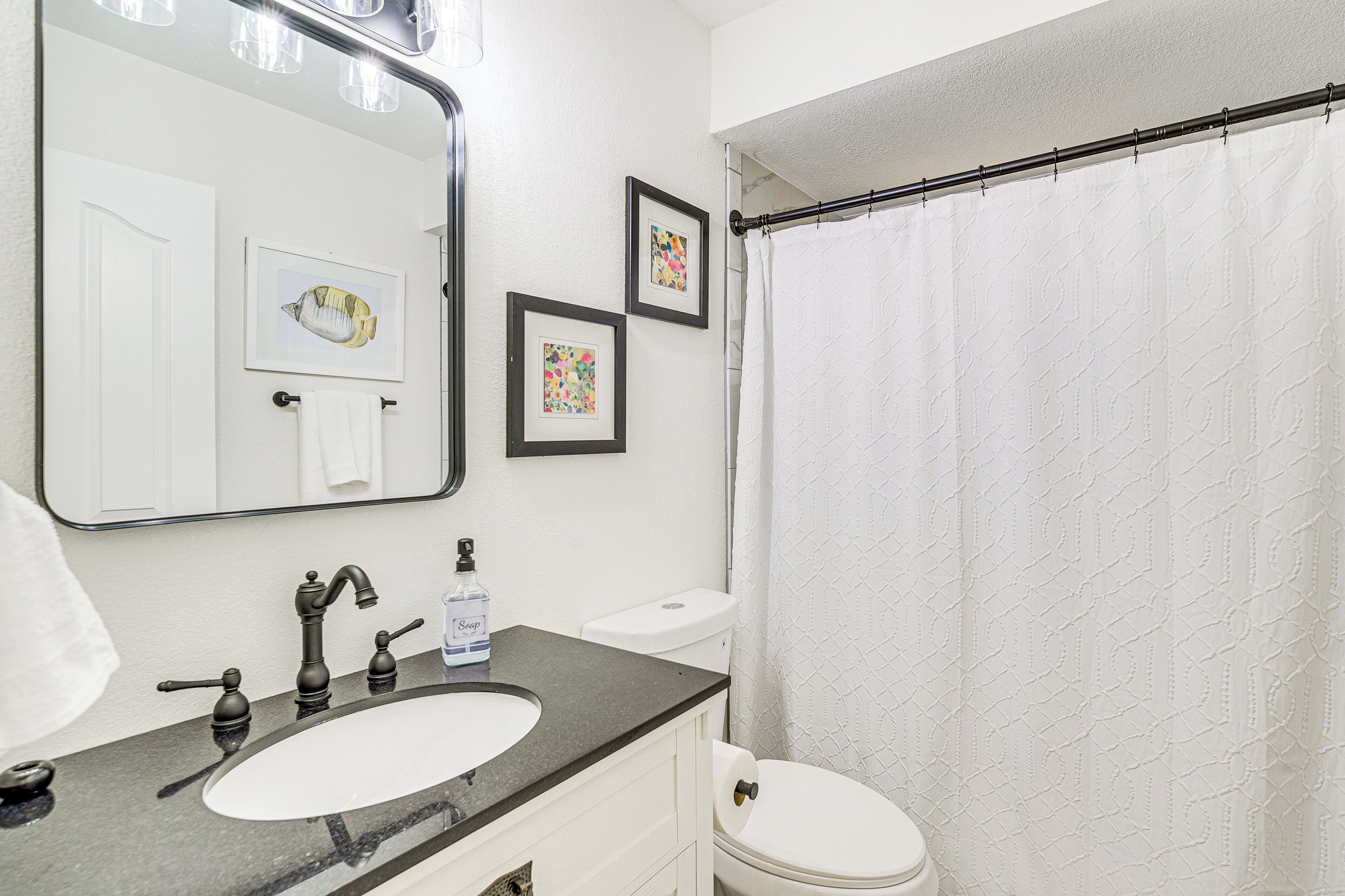 A bathroom with a white sink, black faucet, and a toilet. There are two framed pictures on the wall and a shower curtain.