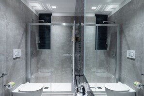 Ducha, cabezal de ducha tipo lluvia, secador de pelo, toallas