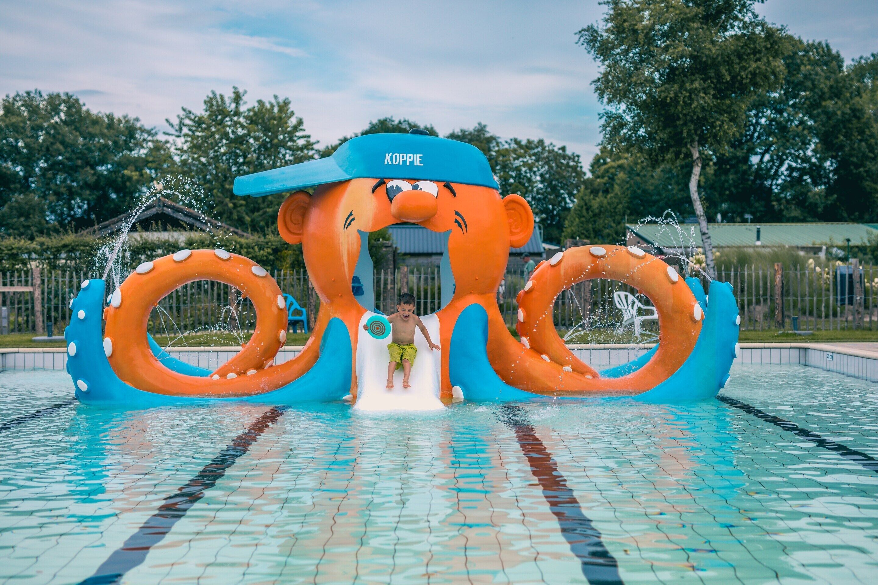 A water play area with a slide and inflatable octopus structures.
