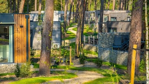 Un área boscosa con cabañas modernas, un camino de grava y un muro de piedra.