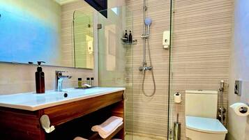 Shower, eco-friendly toiletries, hair dryer, bidet