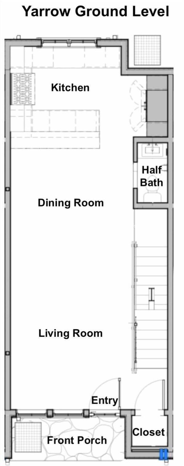 En planritning över en lägenhet på bottenvåningen i Yarrow-komplexet, med kök, matsal, vardagsrum, gästtoalett, entré, veranda och förvaringsskåp.