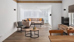 A spacious living room with a sofa, coffee table, and TV stand. - Villa in Someren With Sauna Near Golf Course (Someren)