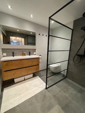 Shower, hair dryer, towels, soap