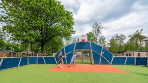 An outdoor basketball court with a blue climbing wall structure in the background. - Nice Chalet in a Holiday Park (Arnhem)