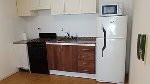 A compact kitchen with white cabinets, a stove, a sink, a microwave, and a refrigerator. - Tempo Corrientes (Córdoba)