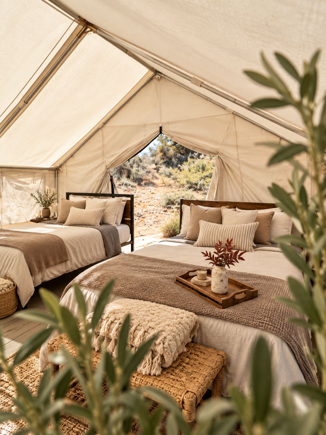 Acomodação em tenda com duas camas, um suporte com vela e vista para o exterior.