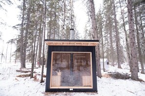 A small cabin with a black exterior, a wooden roof, and a glass door. - The Aspen Geodome (Alberta Beach)