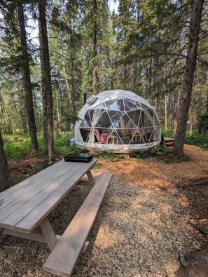A geodesic dome structure in a forest setting with a picnic table in the foreground. - The Aspen Geodome (Alberta Beach)