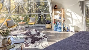 Interior de una cúpula geodésica con techo de cristal, un sofá, una mesa de centro, un tapete y una estantería con botellas de agua.
