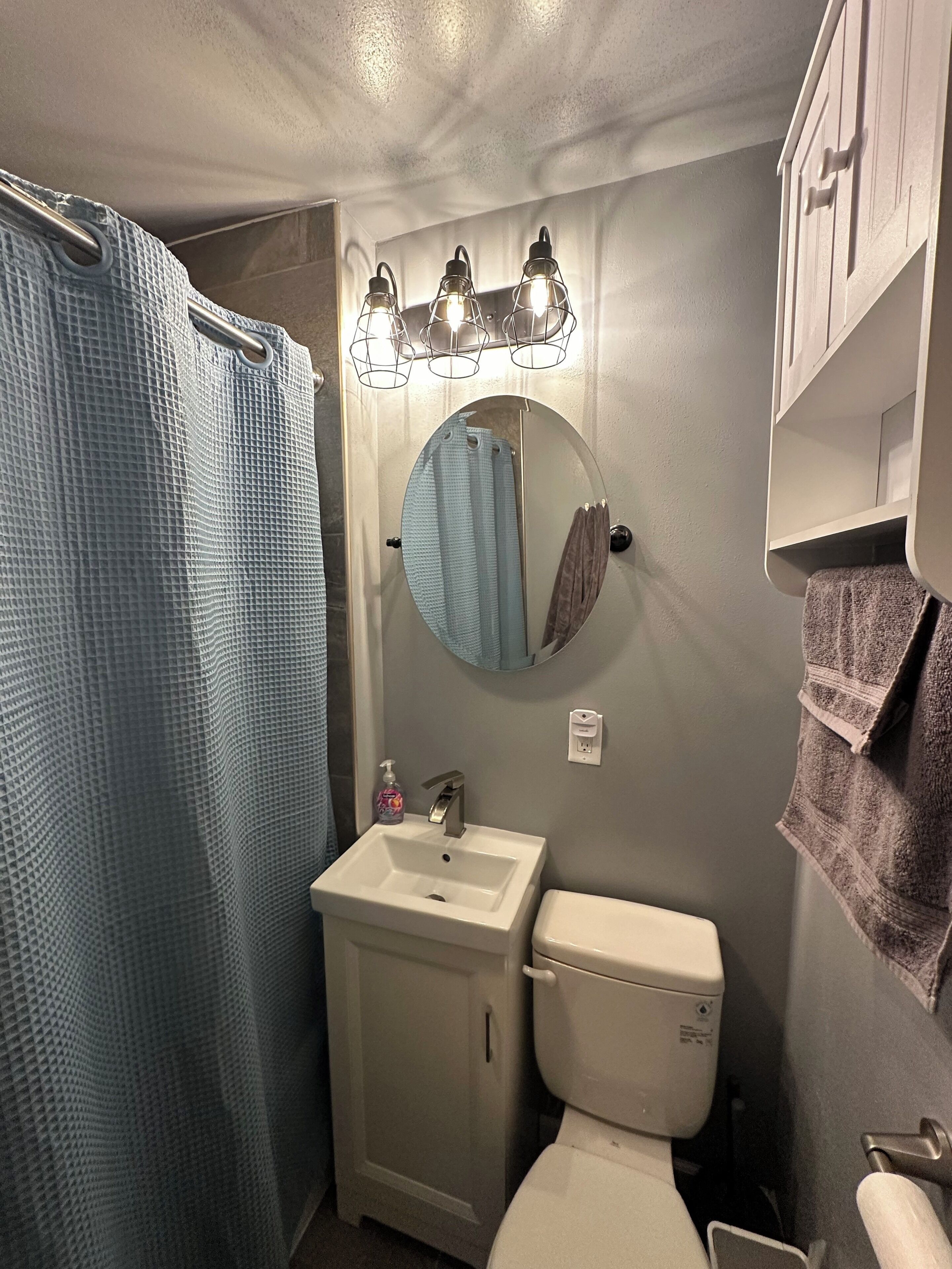 Et badeværelse med en hvid vask, toilet, bruseforhæng, et spejl og et håndklædestativ.